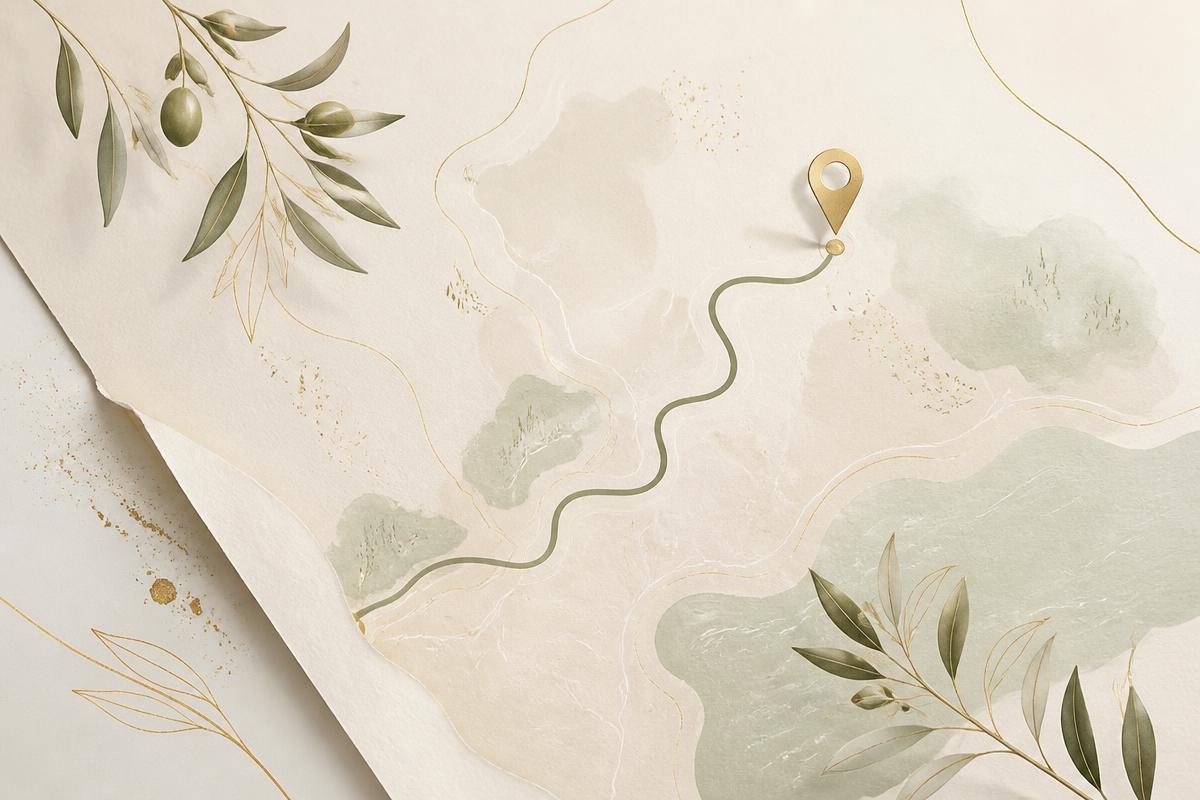 Mapa ilustrado em tons de marfim e sálvia com traçado de rota e pin dourado, cercado por ramos de oliveira