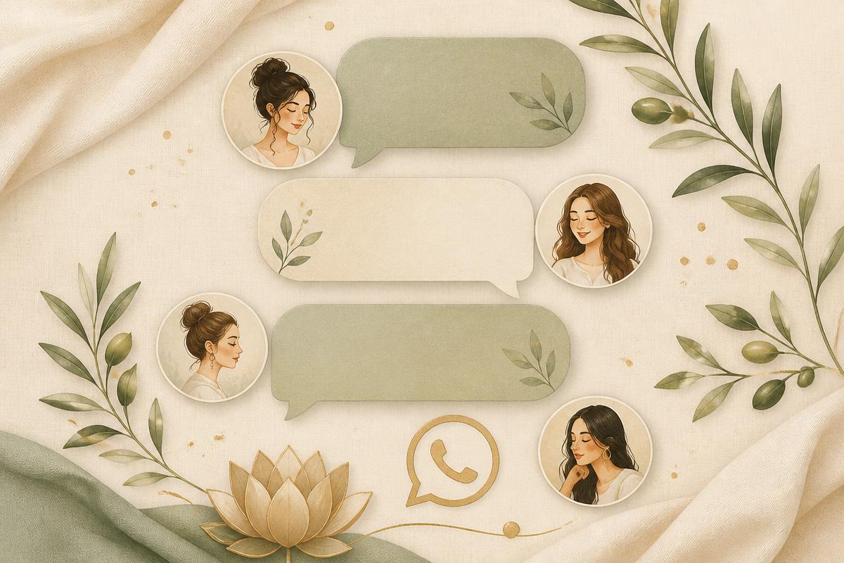 Balões de conversa em sálvia, avatares femininos discretos, ícone dourado do WhatsApp e flor de lótus sobre linho marfim