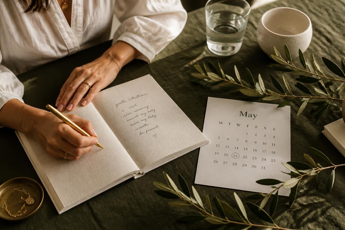 Mãos escrevendo em um caderno de linho ao lado de um calendário, ramos de oliveira e um copo de água