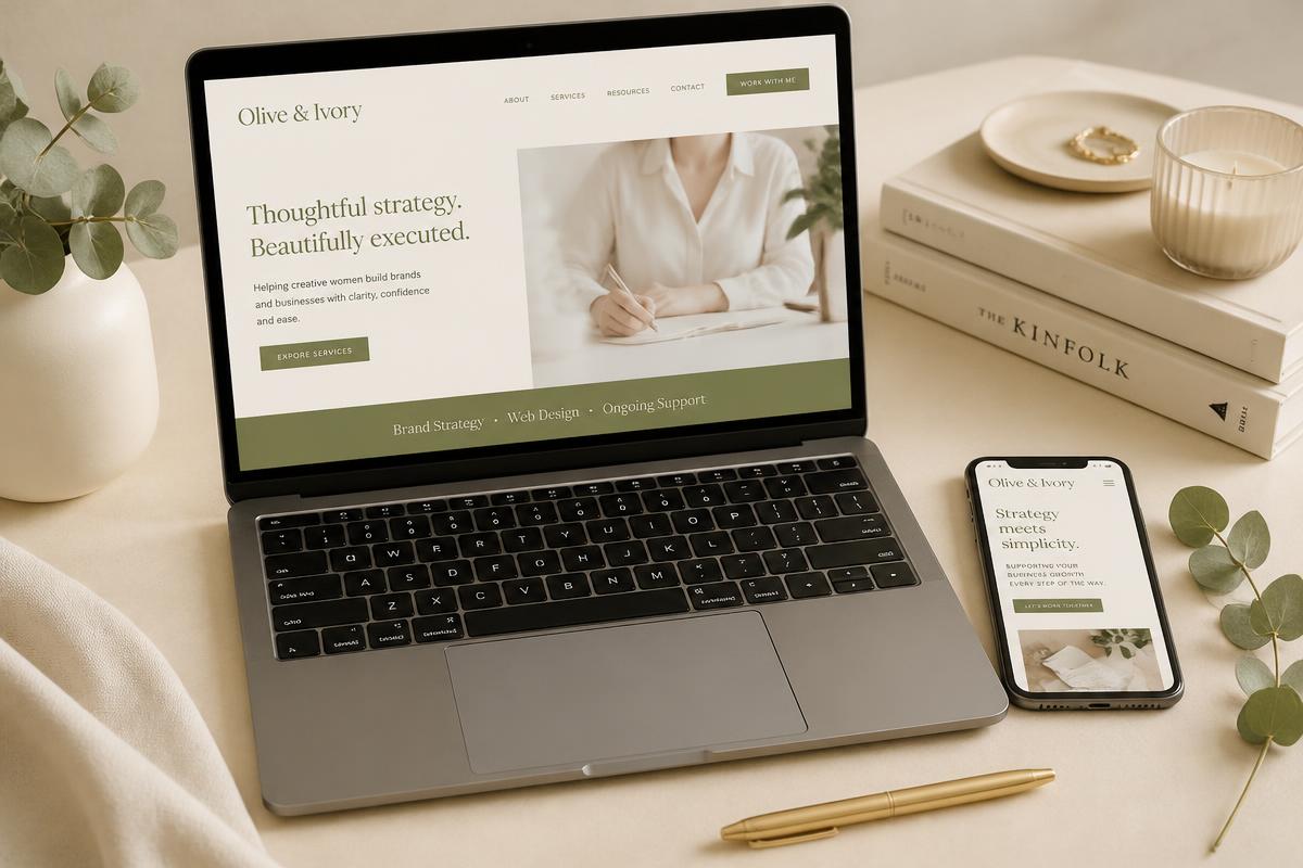 Notebook e celular exibindo um site elegante em tons de oliva e marfim