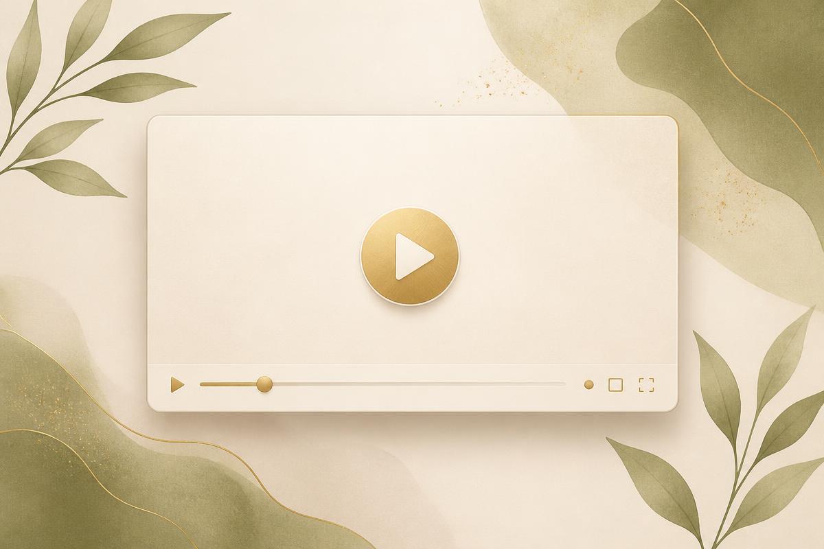 Player de vídeo elegante com botão de play dourado e folhas ao redor